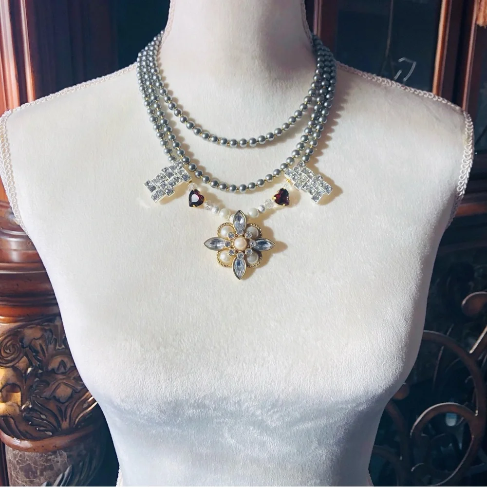 Handcrafted repurpose faceted gem Czech glass Pearl fancy toggle clasp necklace